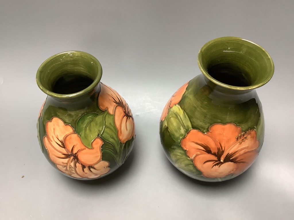 Two Moorcroft Hibiscus vases and another, similar, tallest 21cm